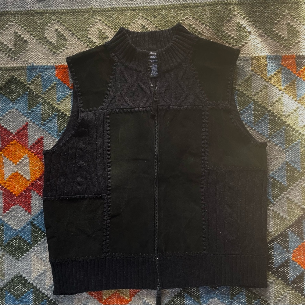 Vintage 90s Genuine Leather Patchwork Knit Vest Double Zip L